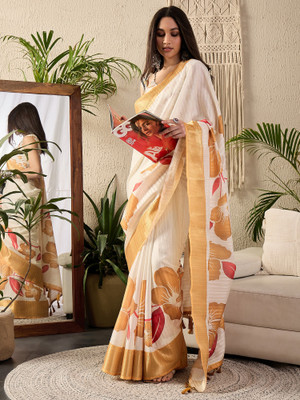 Sareemall Digital Print Chinnalapattu Cotton Blend Saree(Cream)
