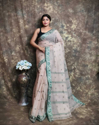maa textile Woven, Floral Print, Self Design Tant Cotton Blend Saree(Grey, Green)