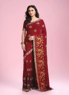 POSHAAK Embroidered Arani Pattu Georgette Saree(Maroon)