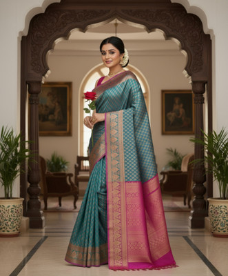 Afronza Embellished, Woven, Self Design Kanjivaram Art Silk, Jacquard Saree(Dark Green, Pink)