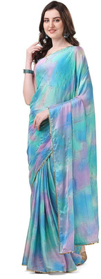 ROOP SUNDARI SAREES Color Block, Printed, Embellished Bollywood Chiffon, Pure Silk Saree(Light Blue, Purple)