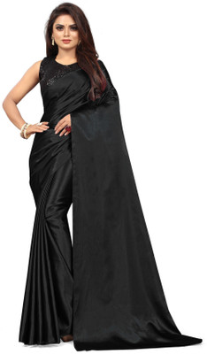 PCDESIGNER Solid/Plain Bollywood Satin Saree(Black)