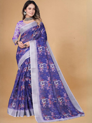 KAKADIYA Printed Bollywood Cotton Silk, Linen Saree(Blue)