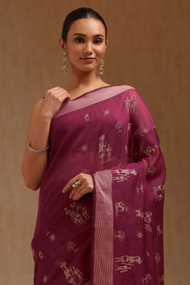 soch Printed Saree with Attached Blouse Chanderi Saree(Red)