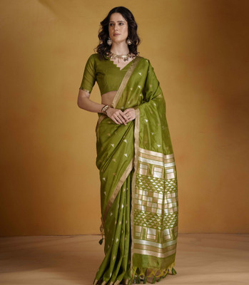 erika Woven, Geometric Print Bollywood Cotton Silk Saree(Green)