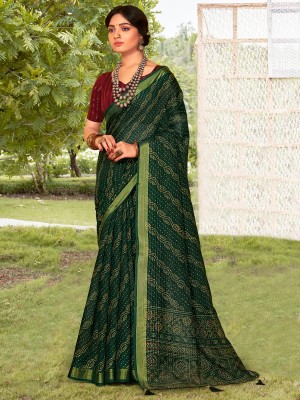Sareemall Printed Bandhani Cotton Blend Saree(Green)