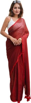 kalpana handloom Solid/Plain Handloom Cotton Blend Saree(Red)