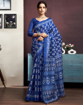 Samah Printed, Embellished Daily Wear Cotton Blend Saree(Dark Blue, White)