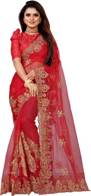 Barkiya Creation Embroidered Bollywood Net Saree(Red)