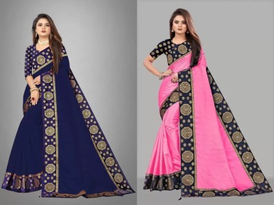 ONTIC LIFESTYLE Self Design Assam Silk Art Silk Saree(Pack of 2, Blue, Pink)