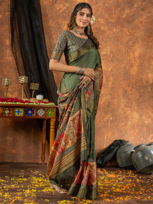 Sareemall Printed Chinnalapattu Silk Blend Saree(Light Green)