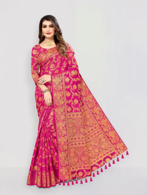 COSBILA FASHION Woven Banarasi Cotton Silk Saree(Pink)