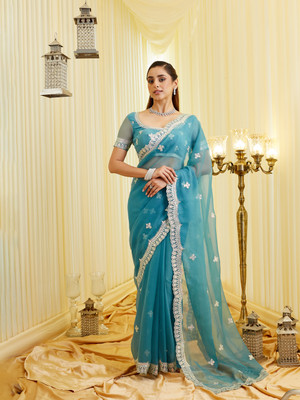 KASEE FASHION Embroidered Bollywood Chiffon Saree(Blue)