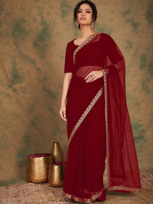JSItaliya Solid/Plain Bollywood Net Saree(Maroon)