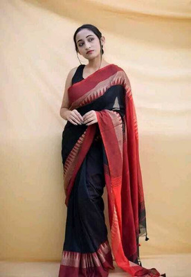 HouseOfCommon Self Design Handloom Cotton Blend Saree(Black)