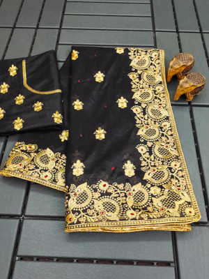 Mikhushop Embroidered Bollywood Supernet Saree(Black)