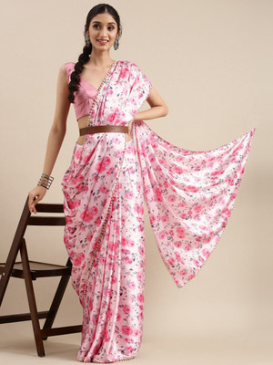 Fabian Fashion Floral Print Bollywood Satin Saree(Pink)