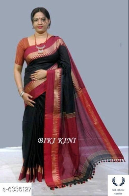 AjoyDas Woven Handloom Pure Cotton Saree(Red, White)