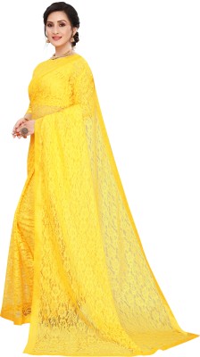 VioProm Floral Print Bollywood Net Saree(Yellow)