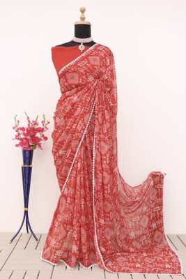 Zoamic the ethnic corner Printed Mysore Georgette Saree(Red)