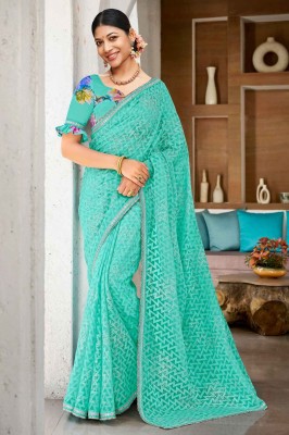 Laxmipati Sarees Floral Print Bollywood Brasso Saree(Light Blue)