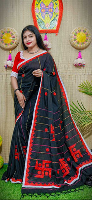 DAS TAXTILES Applique Handloom Cotton Blend Saree(Black)