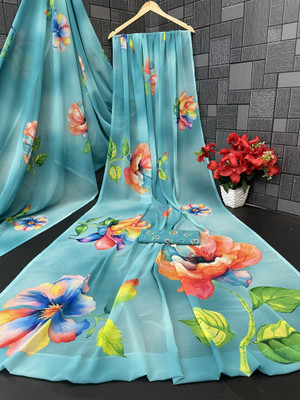 Pemal Designer Floral Print Bollywood Georgette Saree(Light Blue)