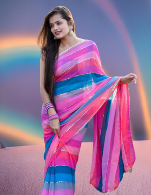 GAVUBAA Digital Print, Printed, Striped Bollywood Georgette Saree(Multicolor)