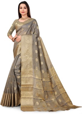 SIYADECORE Printed, Temple Border, Embellished, Woven, Solid/Plain Banarasi Cotton Silk, Art Silk Saree(Grey)