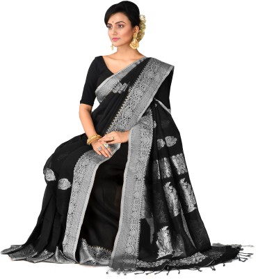 crochetin Woven Handloom Cotton Linen Saree(Silver, Black)