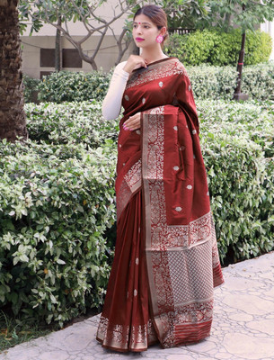 Gold Art Fashion Woven Kanjivaram Jacquard, Pure Silk Saree(Maroon)