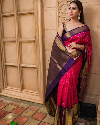 Gold Art Fashion Woven Kanjivaram Jacquard, Pure Silk Saree(Pink)