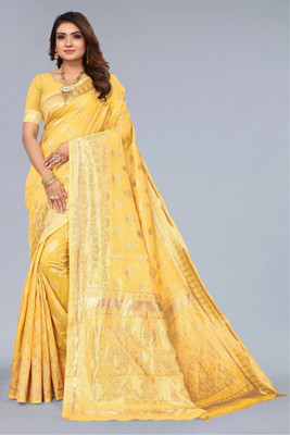 Madhur milan Woven, Self Design Bollywood Jacquard, Cotton Silk Saree(Yellow)