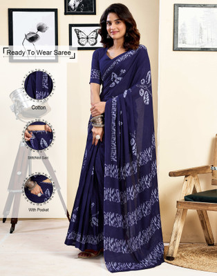 Samah Floral Print, Geometric Print, Printed Daily Wear Pure Cotton Saree(Blue, White)