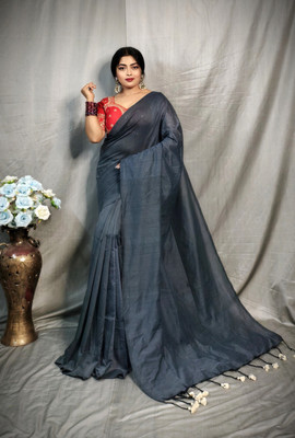 RIDDHIMAN FASHION Solid/Plain Handloom Pure Cotton Saree(Grey)