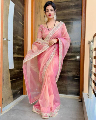 Vinayak Textile Embroidered Bollywood Tissue, Silk Blend Saree(Pink)