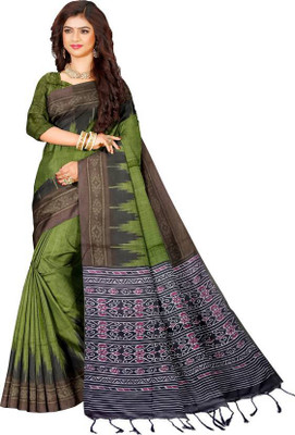 Joyguru Textile Printed Sambalpuri Cotton Blend Saree(Dark Green)