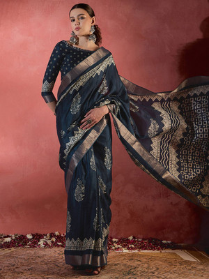 Sangria Printed Chinnalapattu Silk Blend Saree(Dark Blue)