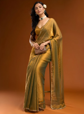 Labheshwari Solid/Plain Bollywood Chiffon Saree(Gold)