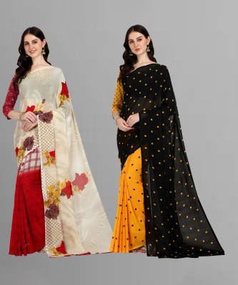 Anand Sarees Printed Daily Wear Georgette Saree(Pack of 2, Pink, Black, Yellow)