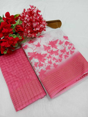 PRTRENDZ Printed Kanjivaram Chanderi, Pure Silk Saree(White, Pink)