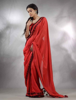 Balika bodhu Solid/Plain Handloom Handloom Pure Cotton Saree(Red)