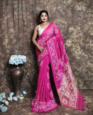 BeyondRetro Graphic Print Daily Wear Handloom Cotton Blend, Khadi Saree(Pink)
