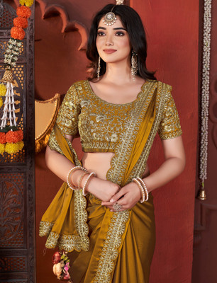 Vivan Fab Embellished Banarasi Silk Blend Saree(Mustard)