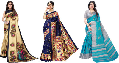 YASHIKA Printed Banarasi Art Silk Saree(Pack of 3, Gold, Dark Blue, Grey, Blue)