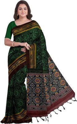 makalitraders Printed Sambalpuri Pure Cotton Saree(Green, Multicolor)
