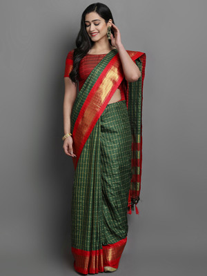 HouseOfCommon Woven, Checkered, Embellished, Self Design Daily Wear Jacquard, Cotton Silk Saree(Green)