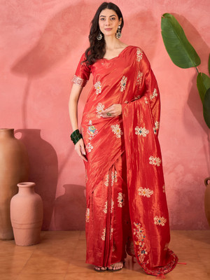 Sangria Self Design Saree with Attached Blouse Silk Blend Saree(Red)