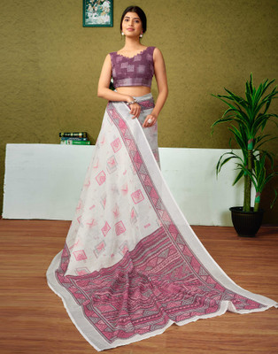 Samah Digital Print, Floral Print, Embellished Bollywood Linen Saree(Multicolor, White, Purple)