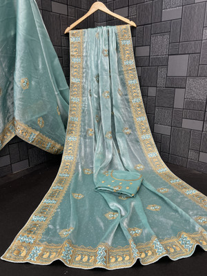 KHRITI FAB Embroidered Bollywood Jimmy choo Saree(Light Blue)